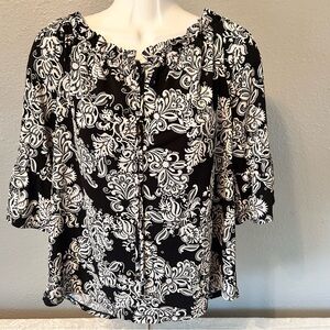 Liz McCoy Black and White Patterned Blouse Women’s Medium